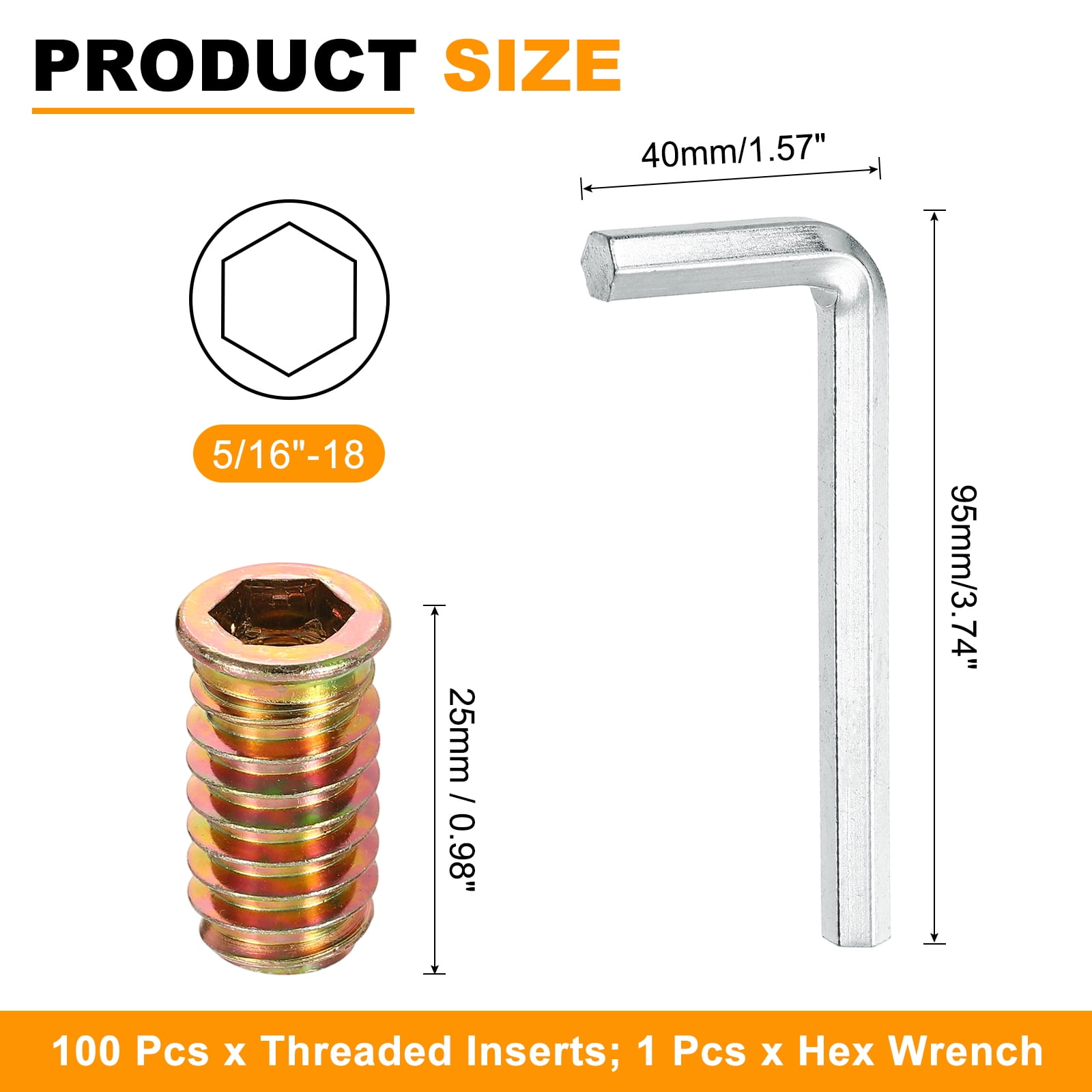100 Pcs Threaded Insert for Wood, 5/16 - 18 Threaded Studs 25mm Length, Gold
