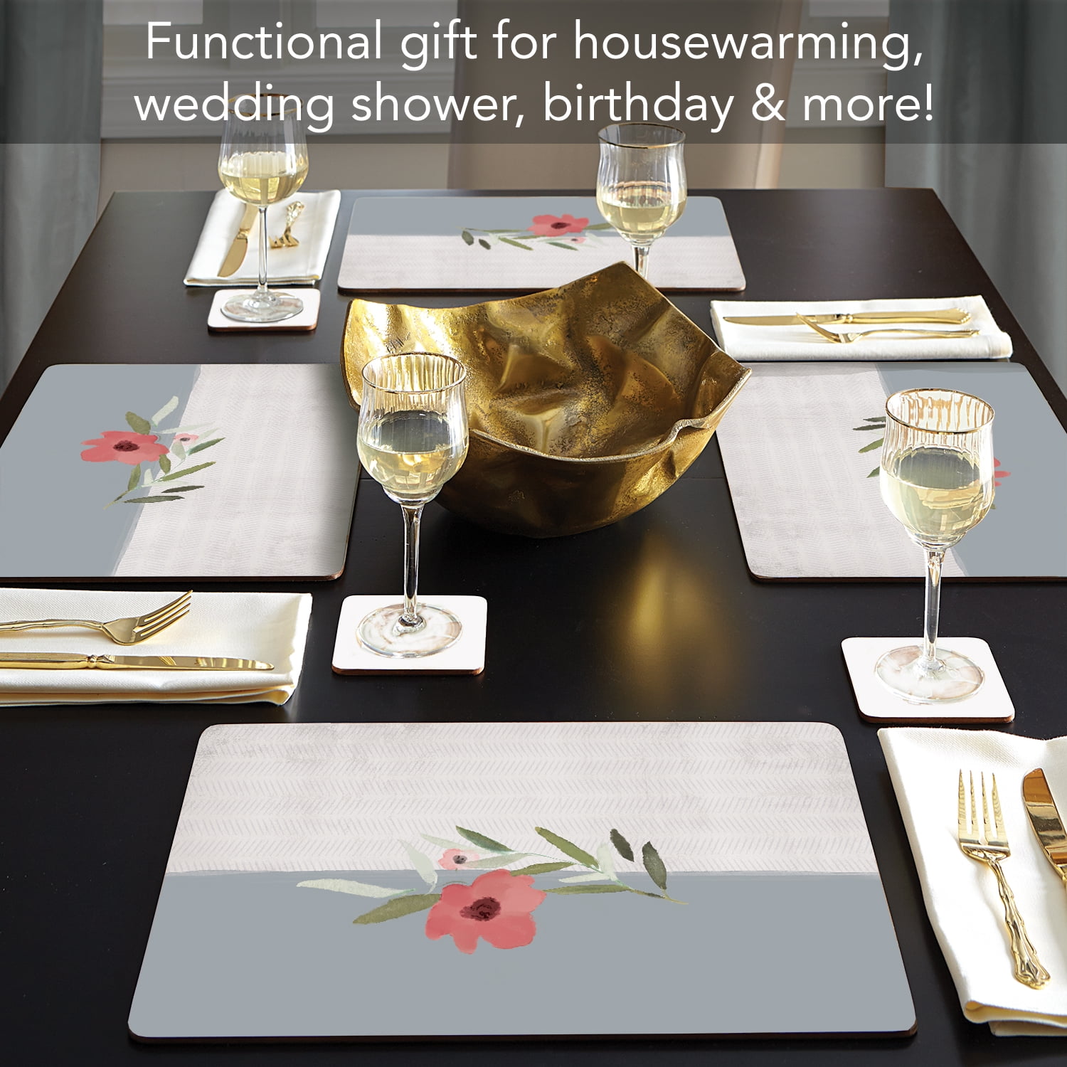 CounterArt "Pink Flower on Gray" Hardboard Tabletop Placemats 4-Pack