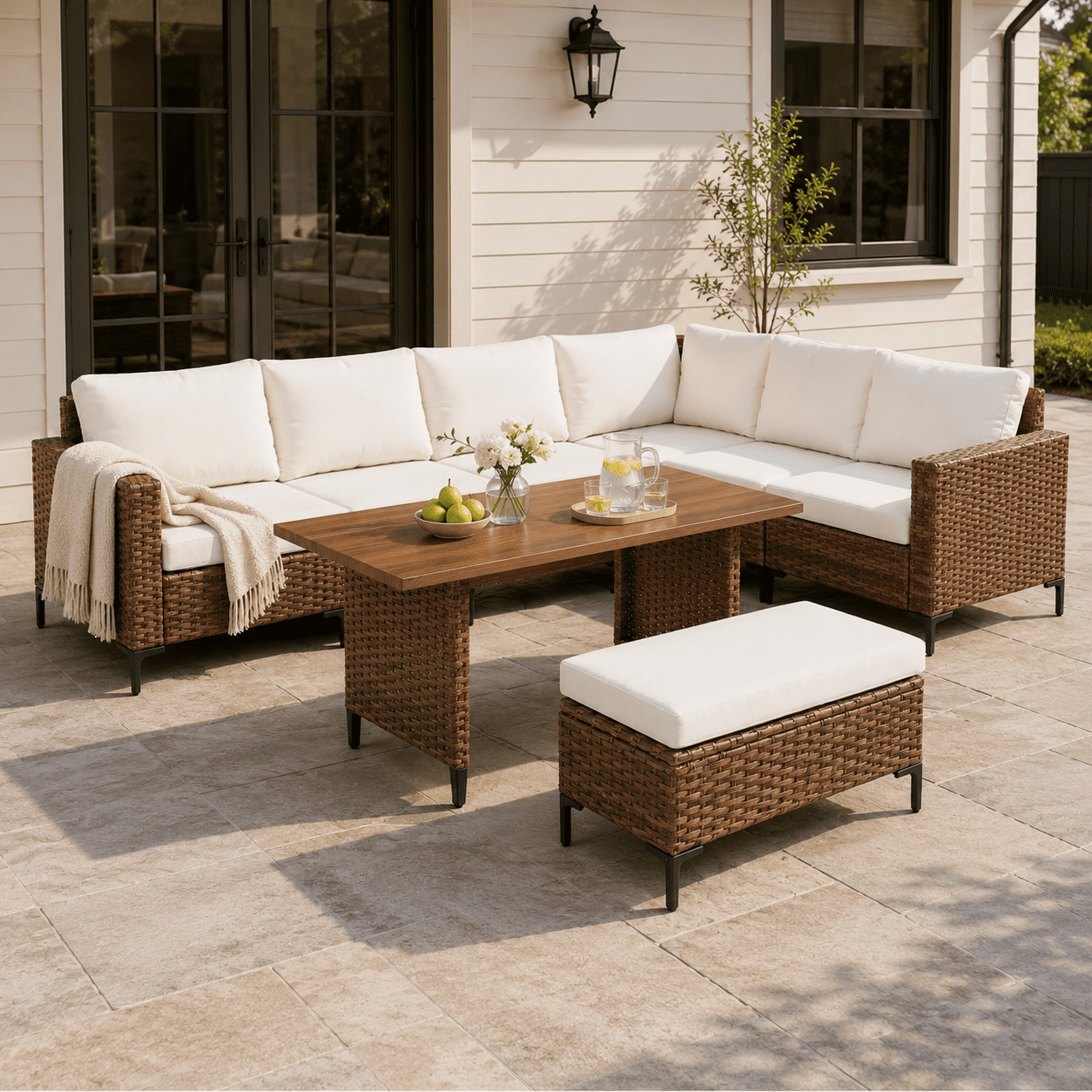 LAUSAINT HOME 8-Piece Patio Furniture Set, Outdoor Wicker Conversation Set with Adjustable Backrest & Storage Ottoman, Beige Cushions