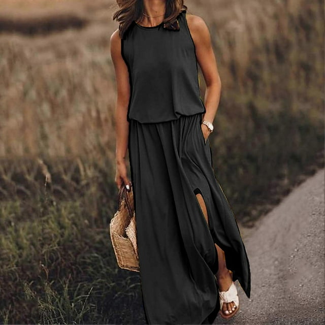 Women's Summer Dresses Long Dress Sleeveless Trendy Solid Color Split Tank Dress for Dating Working Shopping