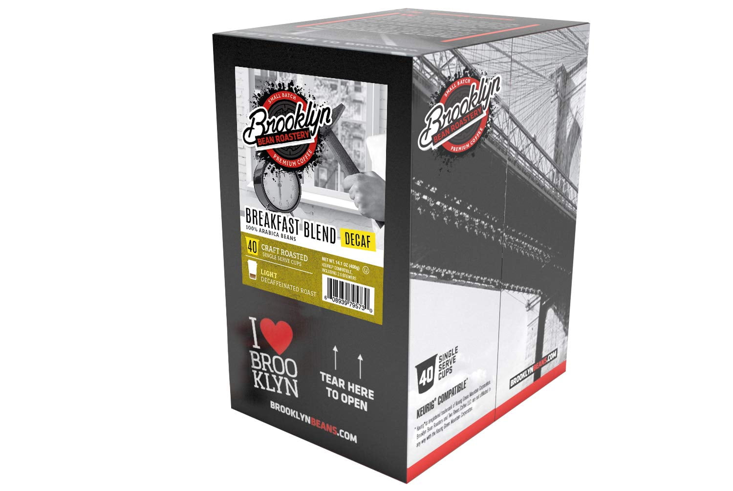 Brooklyn Bean Roastery Breakfast Blend Decaf Coffee Pods for Single-Serve Coffee Brewers, 40-Pack