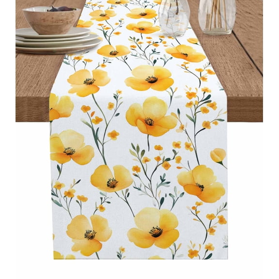 Yellow Flowers Table Runner 72 Inches, Spring Watercolor Botanical Floral Herbs Bed Runner Dresser Scarves Tabletop for Indoor Outdoor Parties/Ceremony/Banquet, 13" x 72"