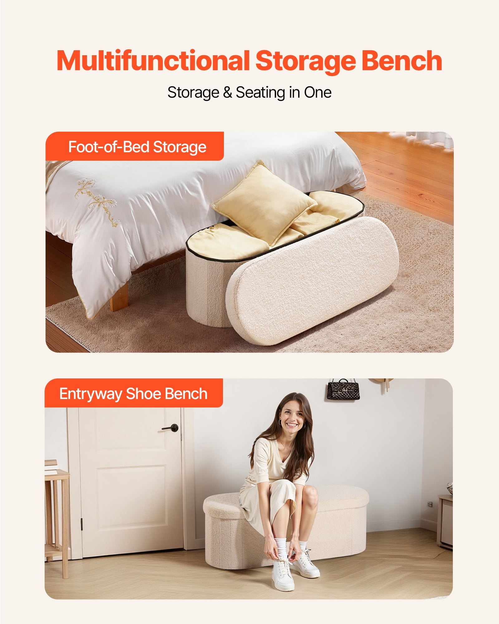 VEVOR Oval Storage Ottoman Bench, Foldable Teddy Fleece End of Bed Bench, Folding Upholstered Bed Ottoman Chest with Large Storage Space, Supports 660 lbs, for Living Room, Bedroom, Entryway, Beige