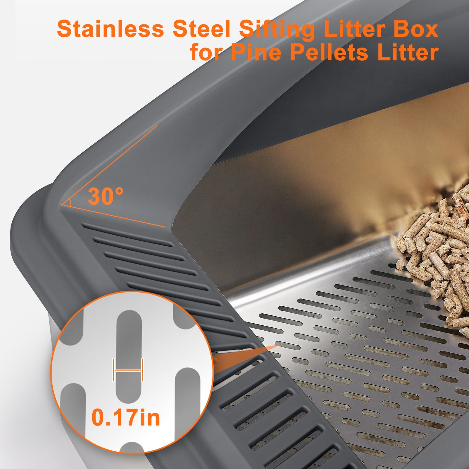 Extra Large Stainless Steel Sifting Litter Box for Pine Pellet Litter, XL Cat Litter Box with Sifter for Large Cats, Non-Clumping System, High-Sided, Anti-Leakage, Non-Stick, Dark Gray