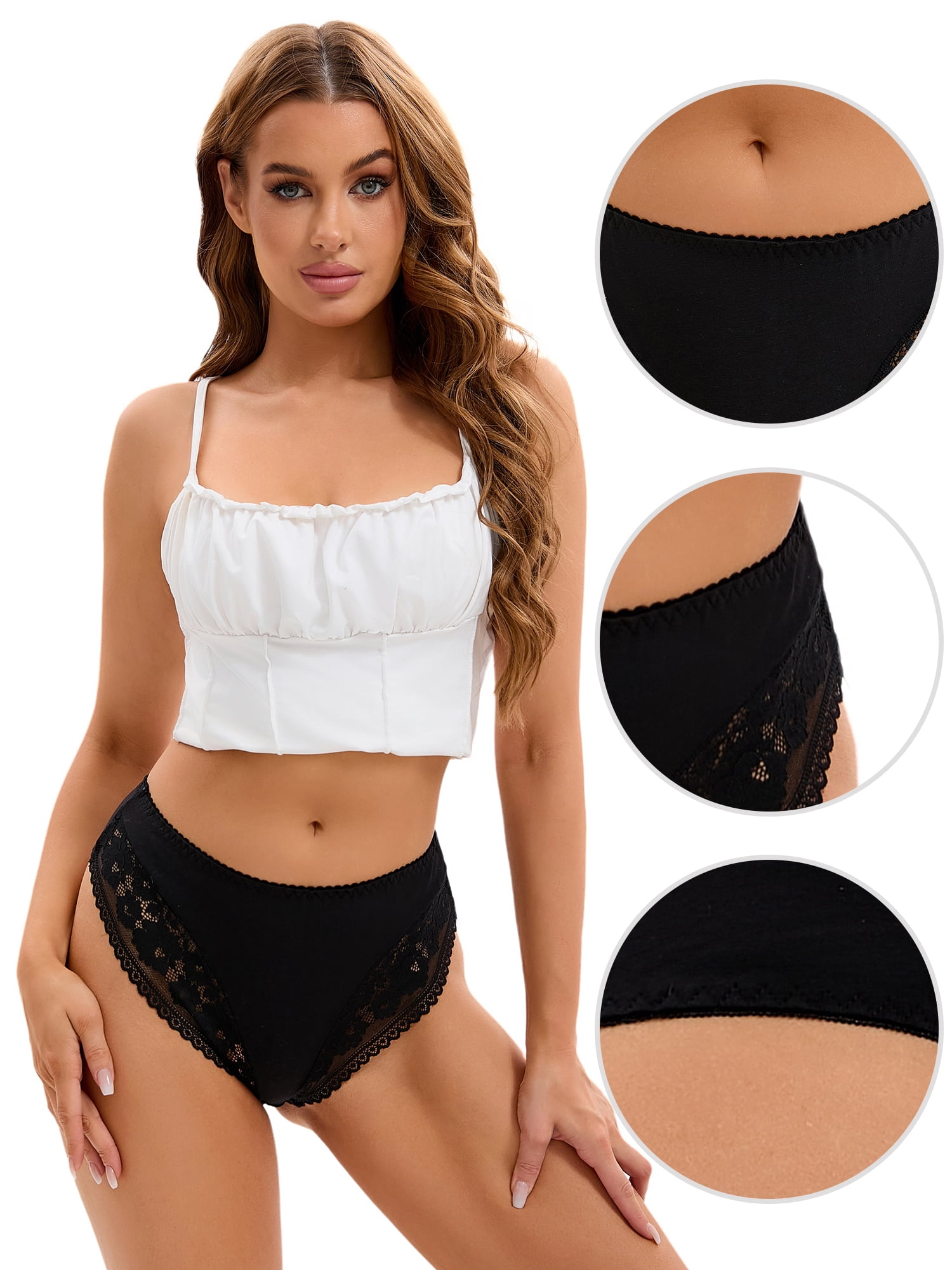 DARING DIVA Women's Lace Trim Lightweight Panties Mid-Waisted Thongs Briefs Black L
