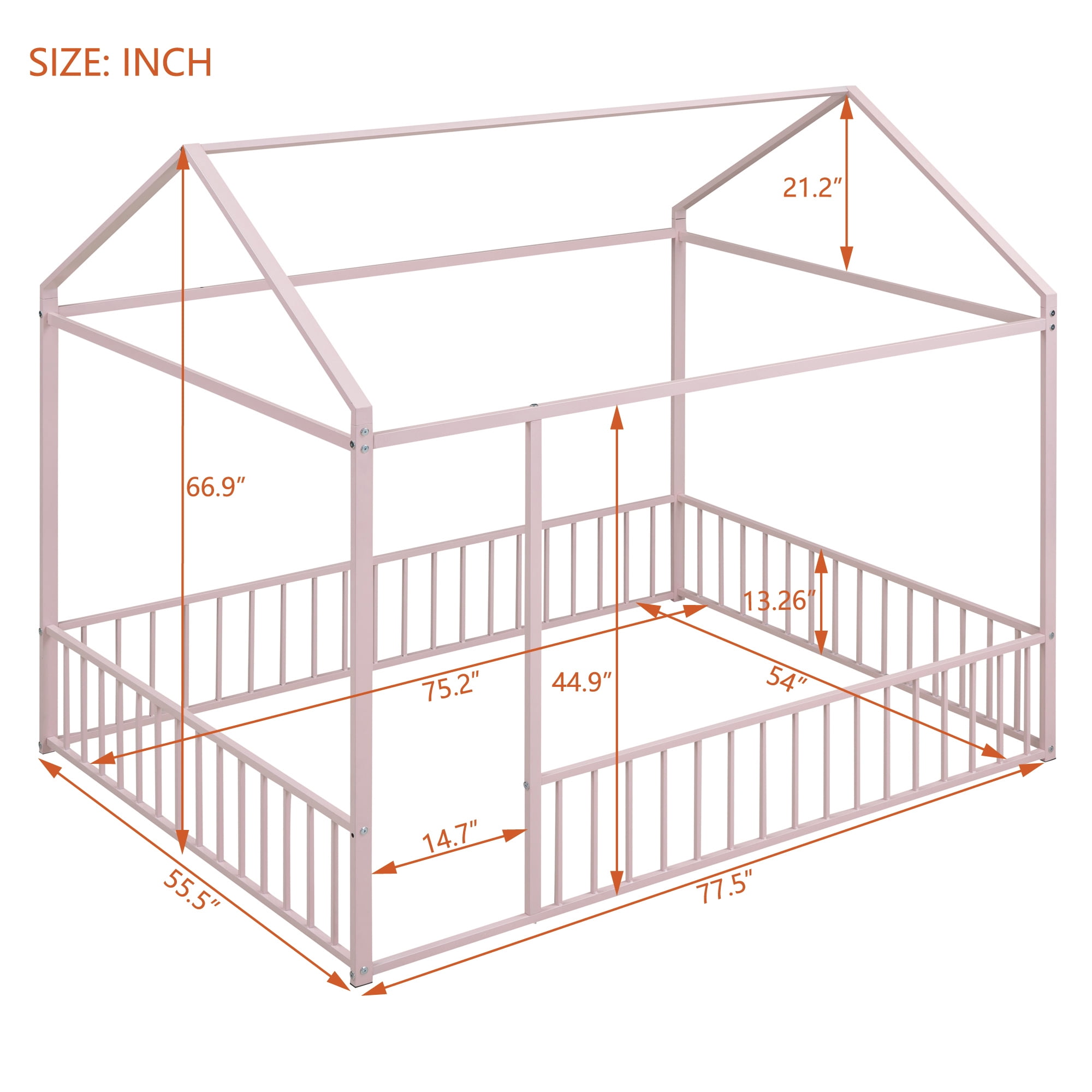 Full Size Montessori Floor Bed, Metal House Bed Frame for Kids, Kids Floor Beds with Fence Guardrails, Playhouse Bed for Kids Boys Girls