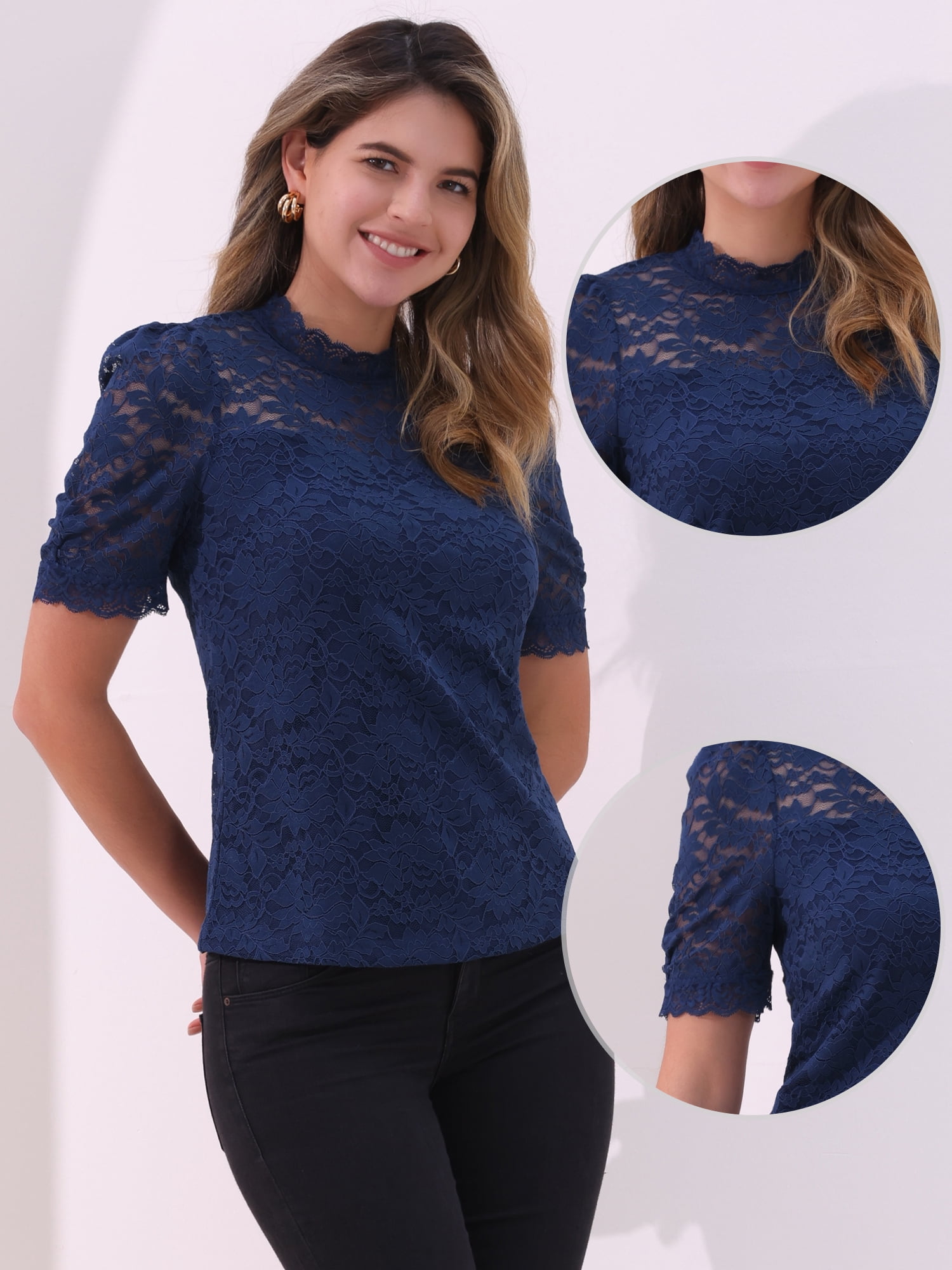 DARING DIVA Women's Lace Tops Mock Neck Puff Short Sleeve Floral Blouses S Dark Blue