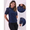 thumbnail image 2 of DARING DIVA Women's Lace Tops Mock Neck Puff Short Sleeve Floral Blouses M Dark Blue, 2 of 6
