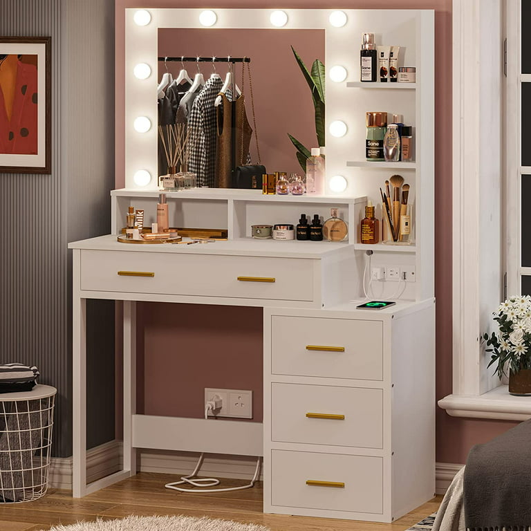 Vanity Desk with Mirror and Lights, Makeup Vanity Table Set with 6 Storage  Drawers, Stool and Divided Organizers, Dressing Table with 3 Color Lighting