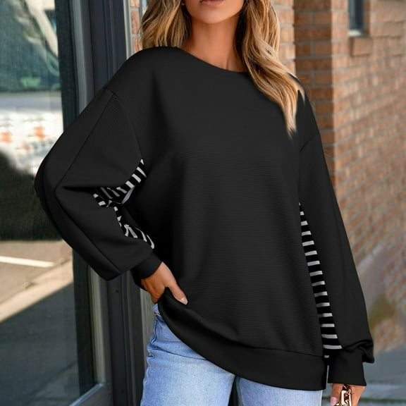 Patlollav Winter Solid Color Patchwork Striped Plus Size Women's Tops