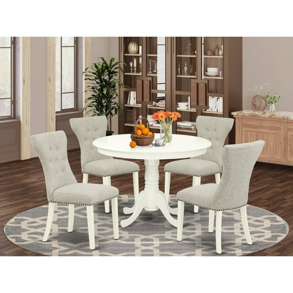 HomeStock Southwestern Style 5-Piece Small Dining Table Set- 4 Parsons Dining Room Chairs And Round Kitchen Dining Table Solid Wood Structure -Button Tufted Back & Linen White Finish