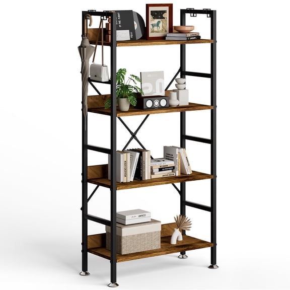 Ufyerutg 4-Tier Bookshelf with 4 Hooks, Industrial Wood Bookcase, Vintage Storage Rack with Open Shelves, Rustic Standing Bookshelves Metal Frame Display Rack for Living Room, Home Office, Bedroom