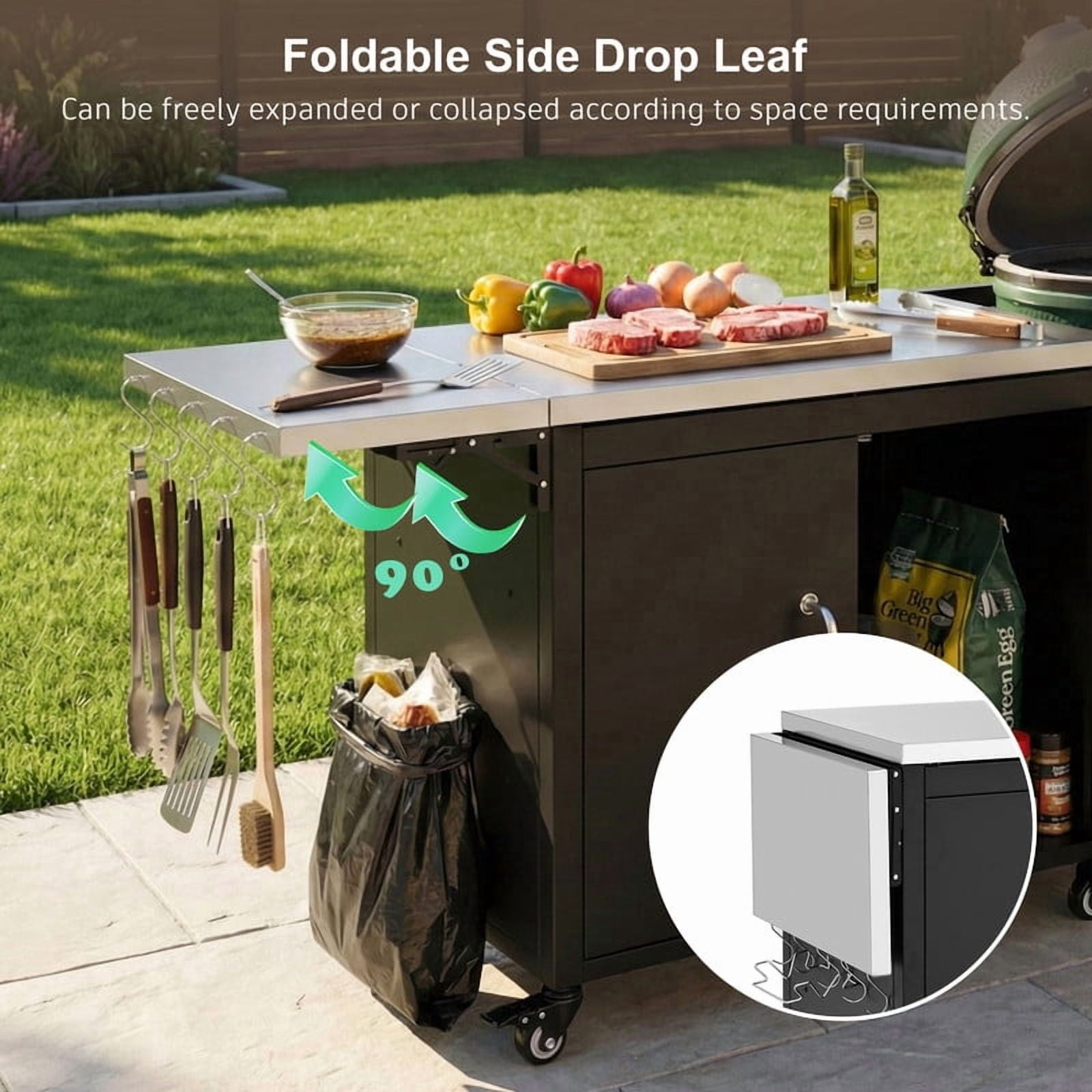 76" Outdoor Kitchen Island Grill Cart for Big Green Egg, Stainless Steel Prep Table, Outdoor Grill Table with Adjustable Shelf & Hooks & Bottle Opener for BBQ