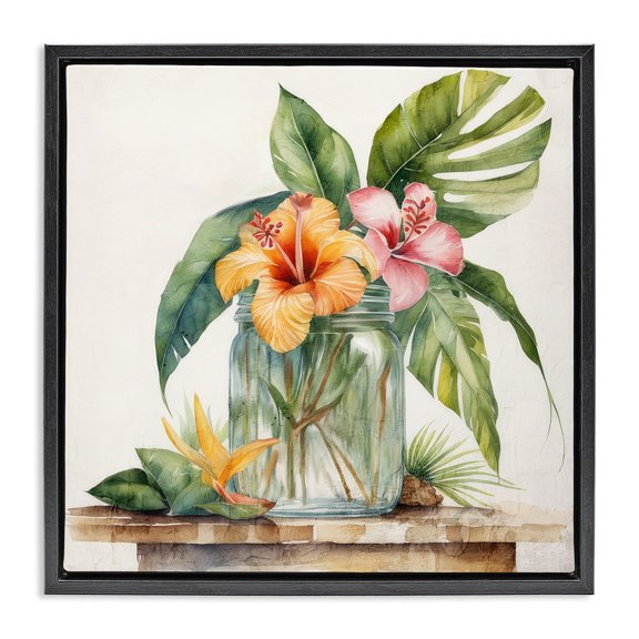 Stupell Industries Tropical Floral Vase Plants & Flowers Painting Black Floater Framed Canvas Art Print Wall Art, 18 x 18