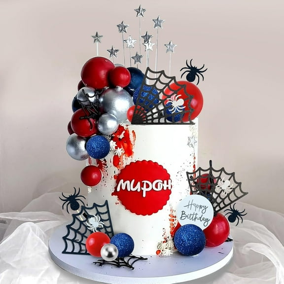 37pcs Spider Cake Topper with Spider Web Balls Stars for Boys Men Birthday Party Baby Shower Supplies