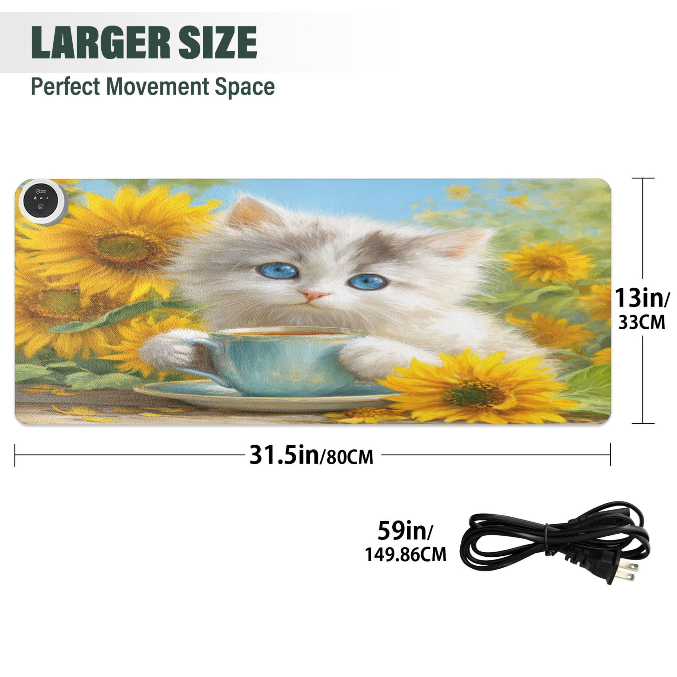 Large Heated Desk Mat Mouse Pad 31.5"x13"PU Leather Graphene Heating Desk Warmer with 3 Temperature Settings 110V US Plug Non-Slip Warm Pad for Home, Office, and Gaming Elegant Blue-eyed White Cat