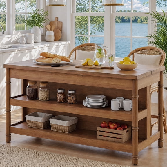 63" Solid Wood Kitchen Island with Storage & Seating, Farmhouse Kitchen Island Table with 3-Tier Open Shelves, Large Prep Station with Turned Legs for Dining Room & Home