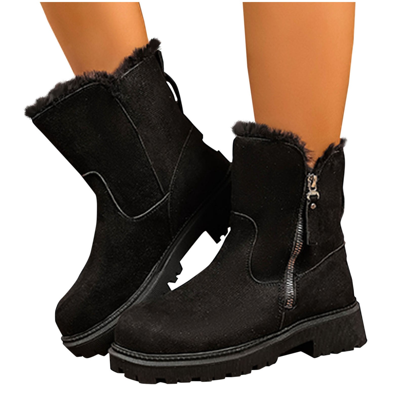 Xfvqtps Thermal Winter Boots for Women Warm Furry Lined Mid Calf Boots Waterproof Snow Shoes Non Slip Sole Outdoor Hiking Booties Comfortable Black