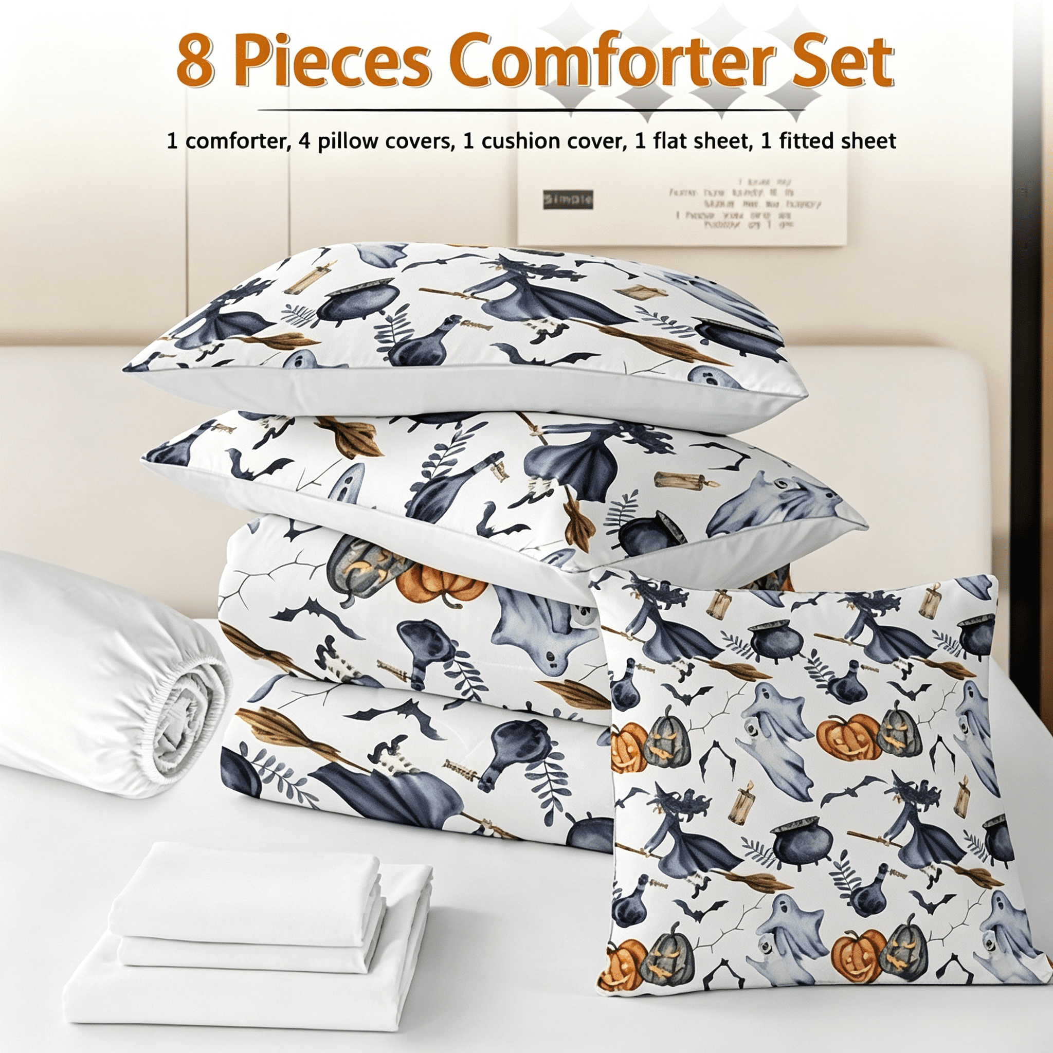 8-Piece Halloween Comforter Set Witch Pattern Bed-in-a-Bag with Sheet Shams Cushion Covers