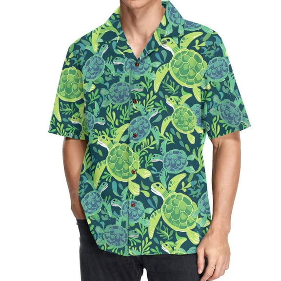 ALAZA Cute Turtles and Seaweed Men's Hawaiian Shirt Short Sleeve Casual Button Down Shirts M