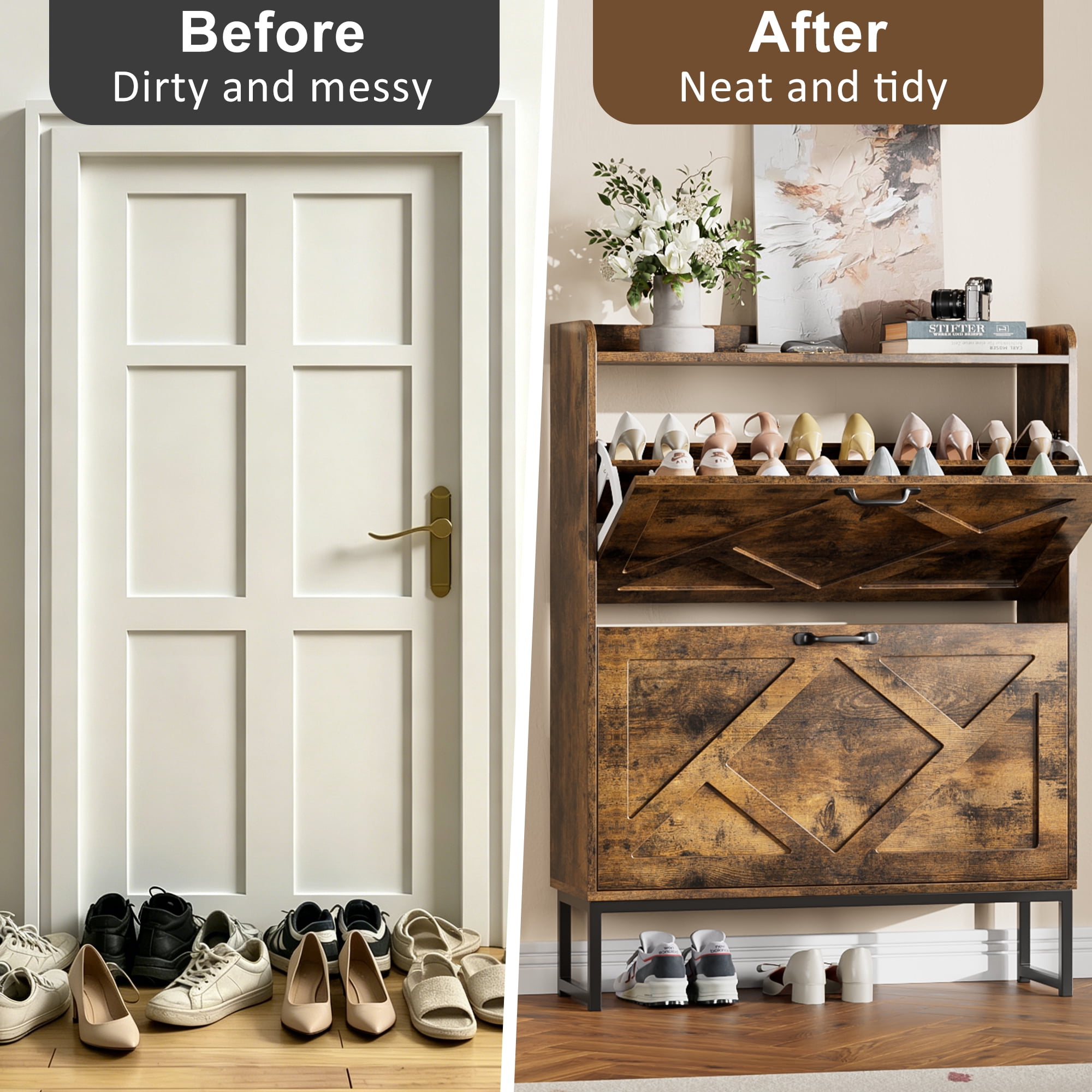 Skyhill Shoe Cabinet with 2 Flip Drawers,Farmhouse Shoe Organizer for Entryway,Brown