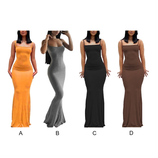 stanreset Jupe Longue Bodycon Robe de Soirée Vêtements pour Cami Spaghetti Sans Manches Forme de Corps Polyvalent Attrayante Tenue d'Été Orange / M