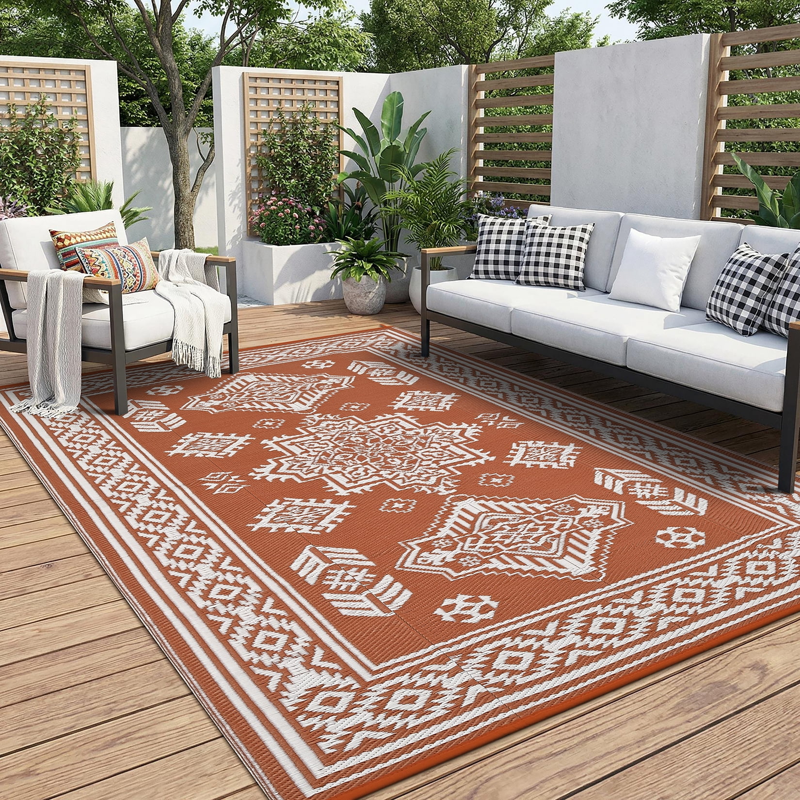Nanan 9'x18' Indoor Outdoor Rug Boho Waterproof Plastic Straw Patio Rug, Reversible RV Camping Carpet for Backyard, RV, Deck, Porch, Balcony, Orange