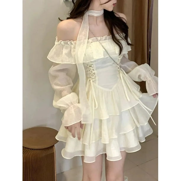 Vestido corto de manga larga de fiesta para mujer, minivestido elegante de Lolita de Color puro, informal, dulce, de una pieza, moda coreana, primavera 2023