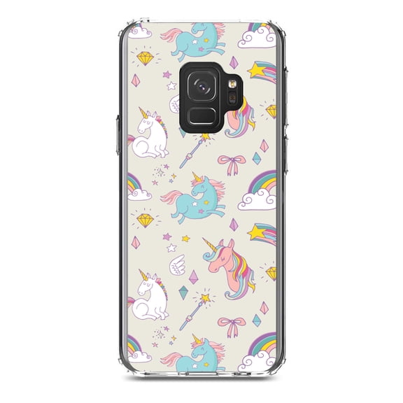 DistinctInk Clear Shockproof Hybrid Case for Samsung Galaxy S9 (5.8" Screen) - TPU Bumper, Acrylic Back, Tempered Glass Screen Protector - Unicorn Rainbow Wand Pattern - Beige