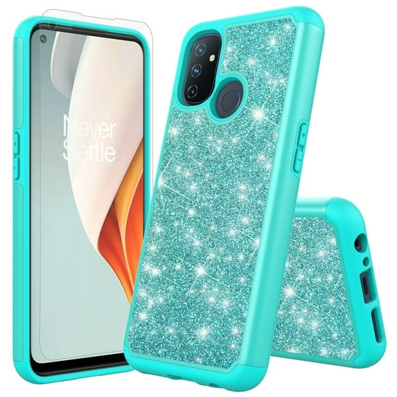 for OnePlus Nord N100 1+ Nord N100 Phone Case Glitter Shockproof Edge Scratch Shield Hybrid Layers Slim Bumper Cover with Tempered Glass