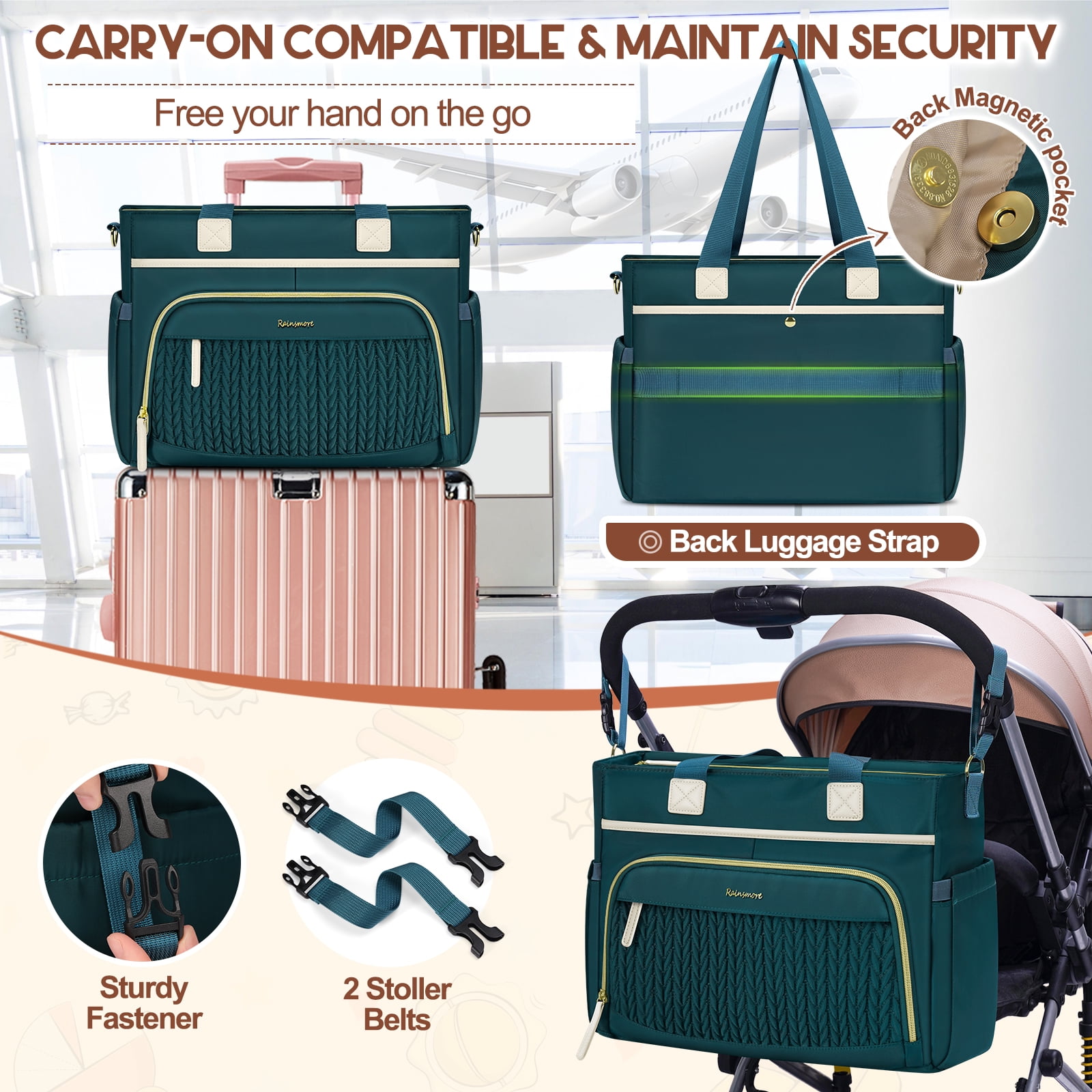 RAINSMORE Diaper Bag Tote, Large Diaper Baby Bag Waterproof Multifunctional Diaper Bag with Pacifier Case & Changing Pad