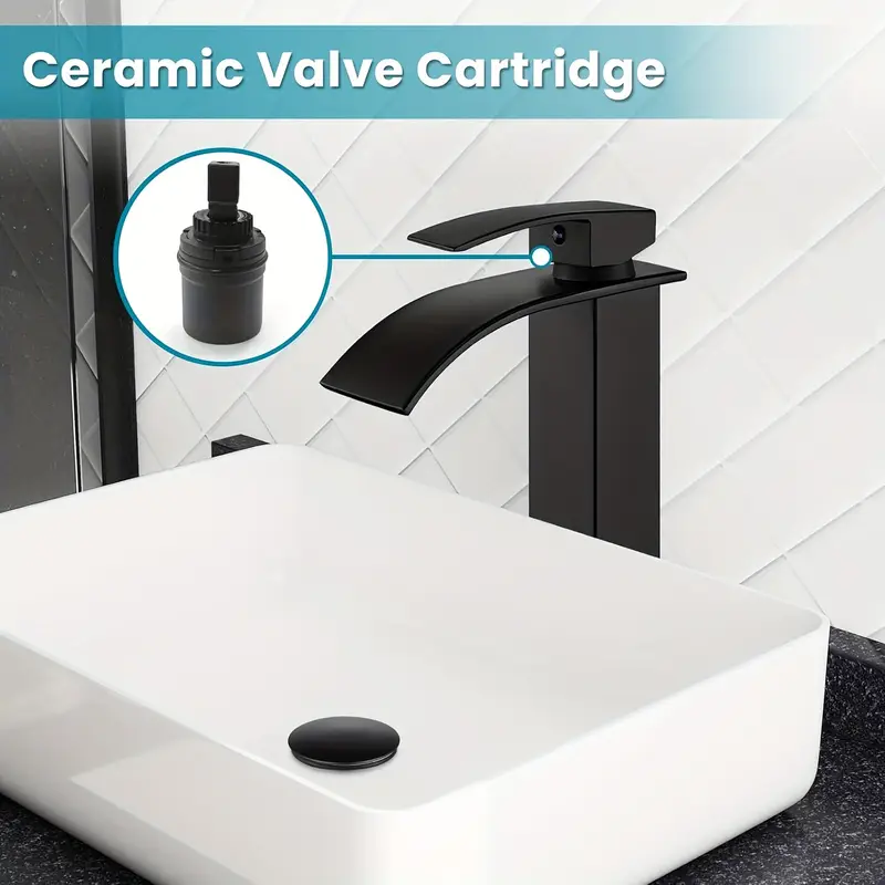 Bathroom Vessel Sink Faucet Basin Waterfall Vanity Tap with Drain Black