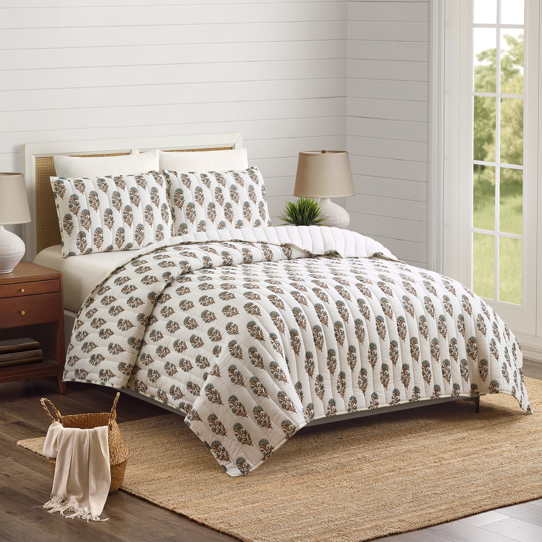 Laurel & Mayfair Block Print Mughal Flower Cream 3-Piece Cotton Voile Quilt Set, King
