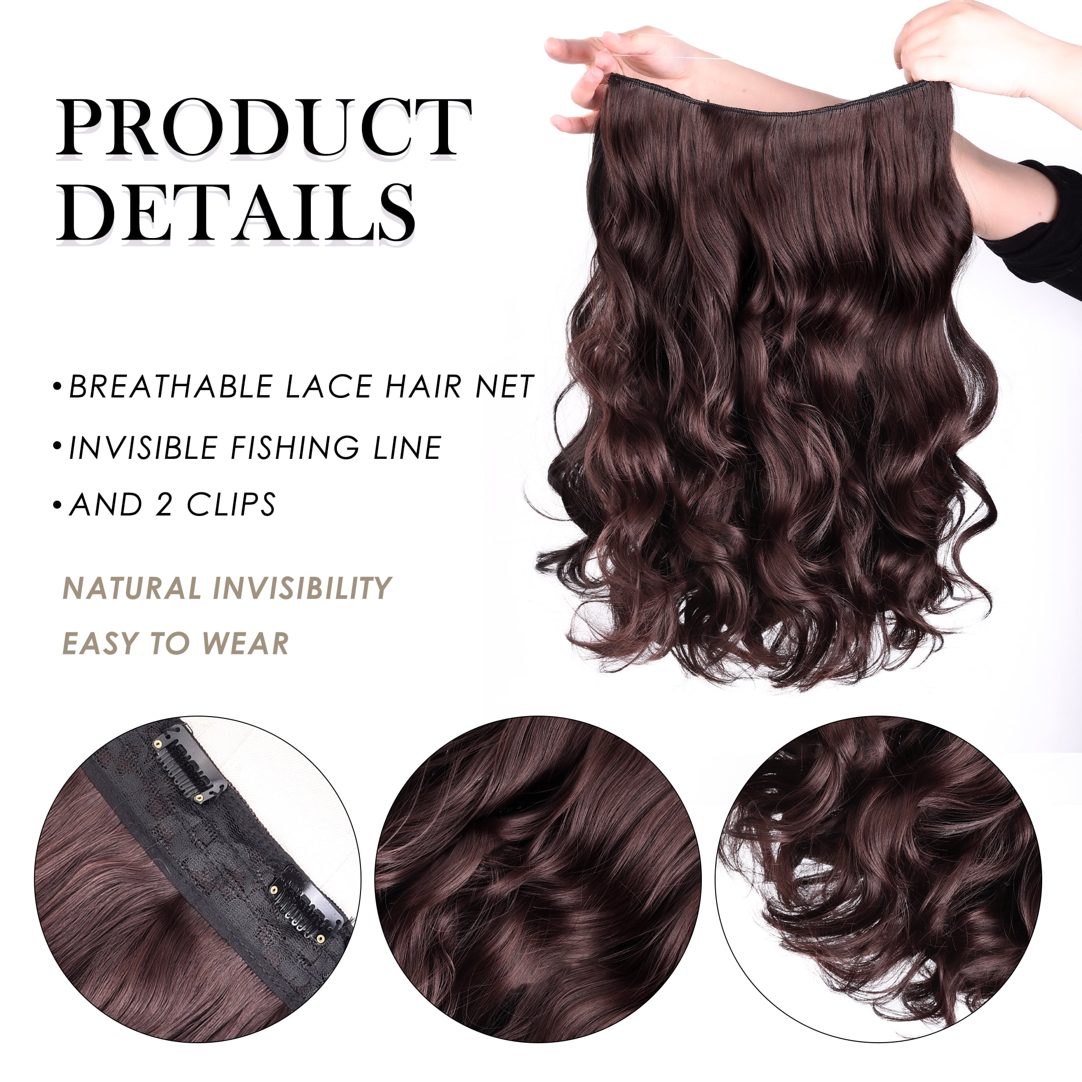 Silike 16" Fish Line Clip In Curly Hair Extensions  3 Piece Set (1 Large + 2 Small Wefts) for Flexible Styling Multi-Color Synthetic Fiber Hairpieces