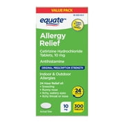 Equate Allergy Relief, Cetirizine Hydrochloride Tablets, 10 mg, 300 count