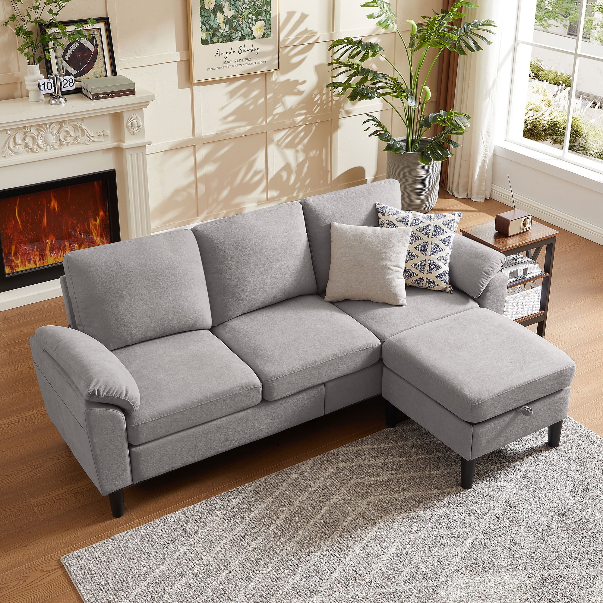 Jarenie 80" Convertible Sectional Sofa, Small L Shaped 3 Seat Couch with Reversible Storage Chaise, Modern Polyester Fabric Sofa Couches for Living Room, Apartment and Small Space, Lightgrey