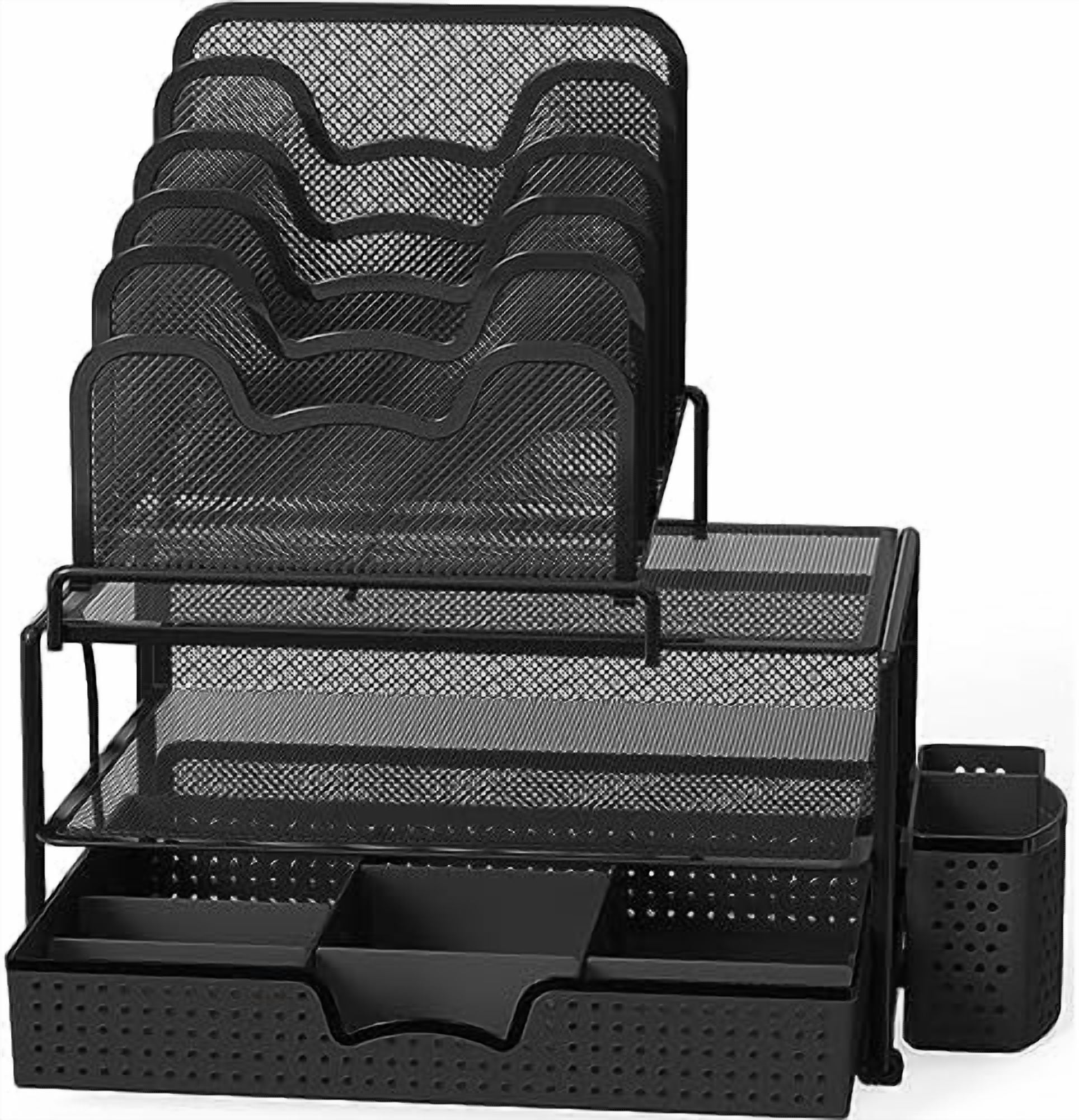 Mesh Desk Organizer with Sliding Drawer, Double Tray and 5 Stacking Sorter Sections, Black