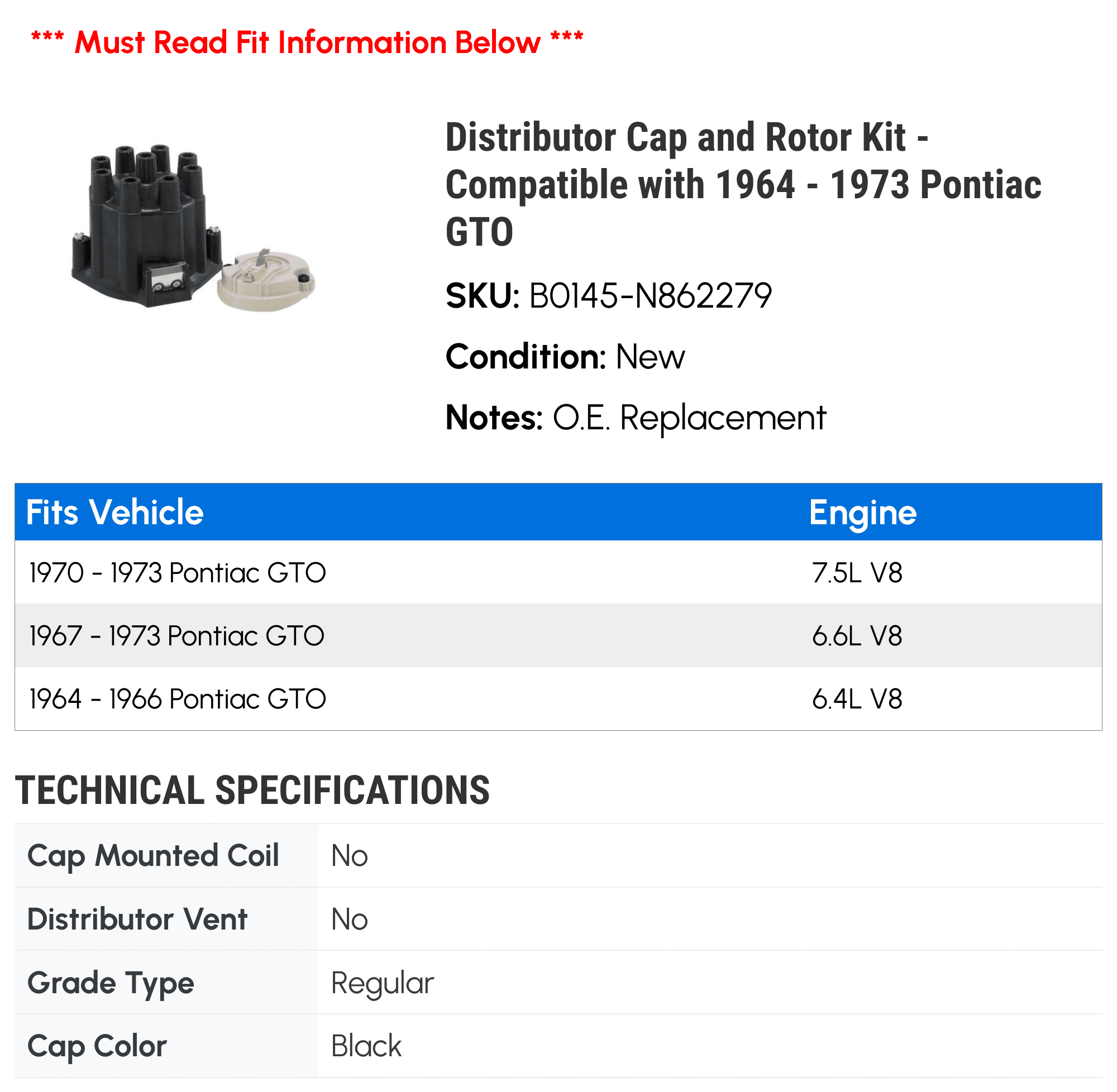 Distributor Cap and Rotor Kit - Compatible with 1964 - 1973 Pontiac GTO 1965 1966 1967 1968 1969 1970 1971 1972
