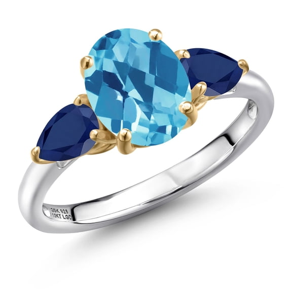 Gem Stone King 925 Silver and 10K Yellow Gold Swiss Blue Topaz and Blue Sapphire Engagement Ring for Women | 3.25 Cttw | Oval Checkerboard 9X7MM | Gemstone November Birthstone | Size 5