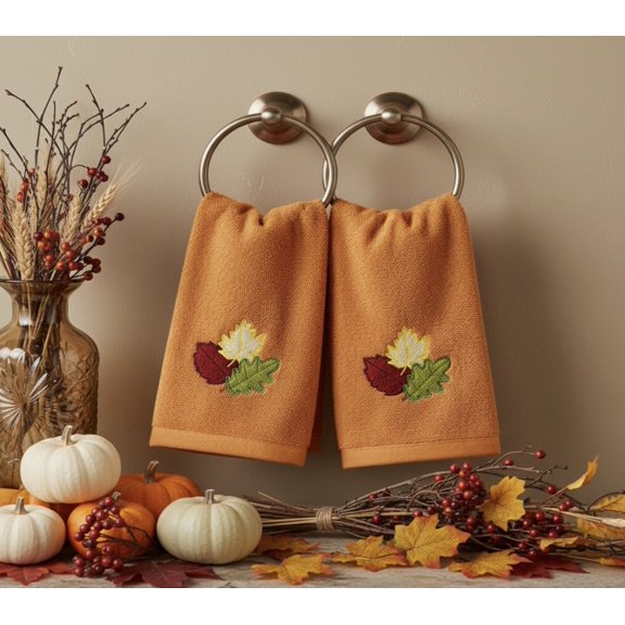 Serafina Home Decorative Fall Leaf Fingertip Towels: Embroidered Gold Green Leaves Design on Plush Orange, 2 Piece Set, 12" x 18" Inch Each