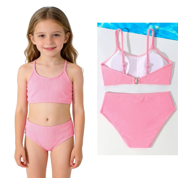 Swimsuit for Kids Adjustable Straps 2 Piece Girl Bathing Suit with Chest Pad Swim Suits for Kids 8-9 Years