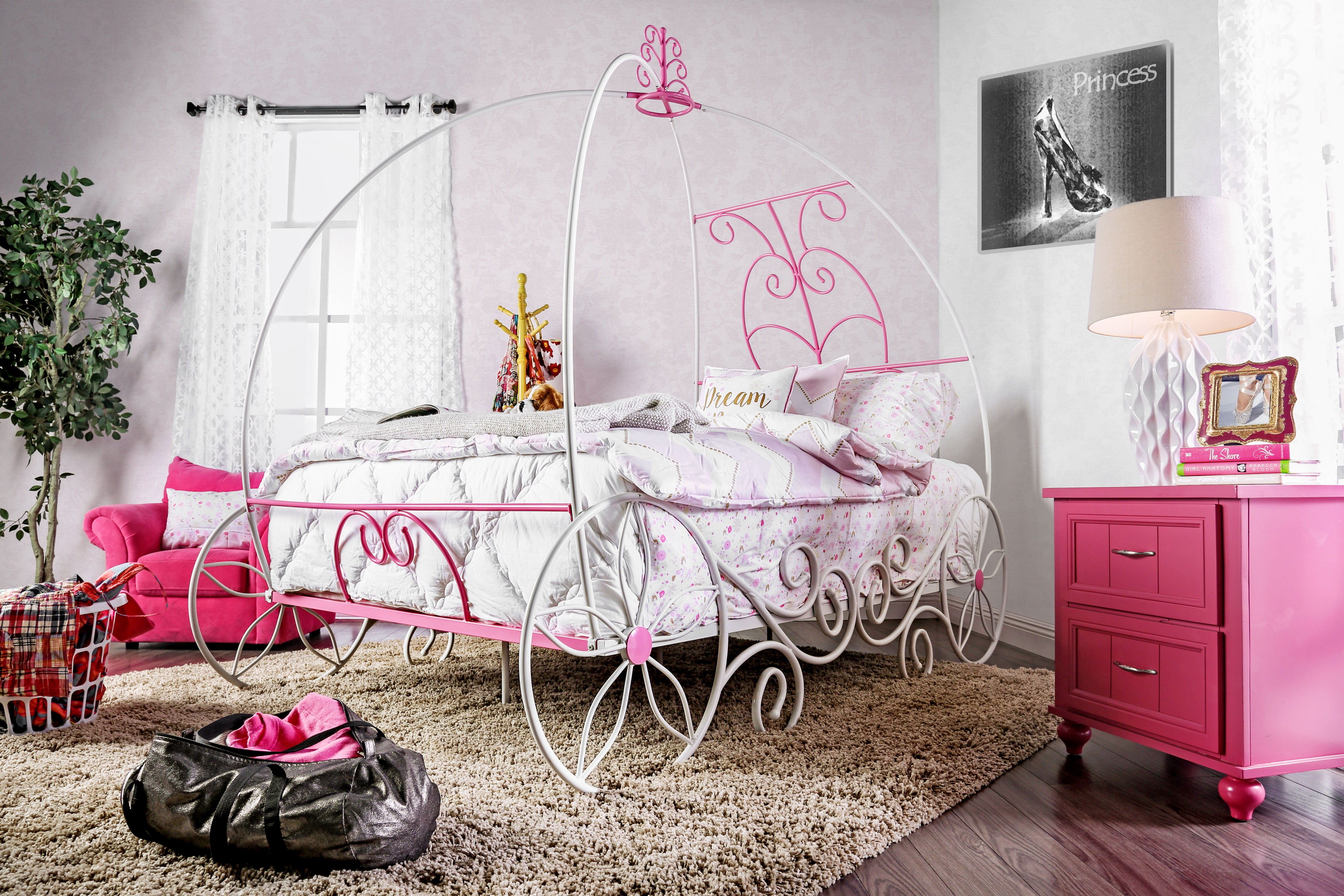 Furniture of America Omar Panel Metal Pink and White Twin Kids Carriage Bed
