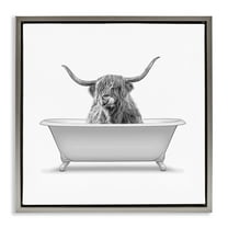 Stupell Industries Longhorn Highland Cow Bath Tub Animals & Insects Painting Gray Floater Framed Canvas Art Print Wall Art, 25 x 25
