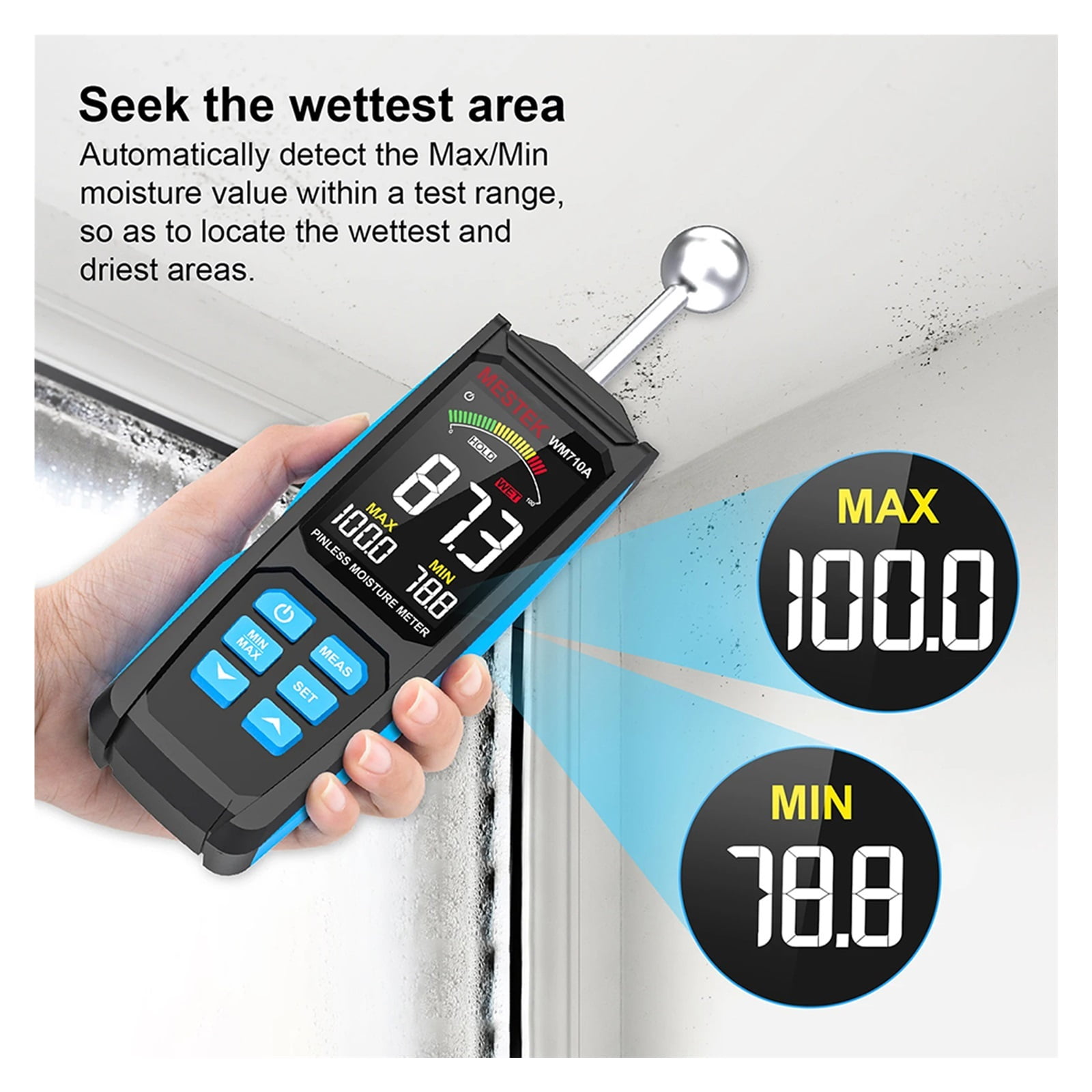 WM710A Digital Wood Moisture Meter Spherical Hygrometer Record Humidity Auto Timber Damp Detector