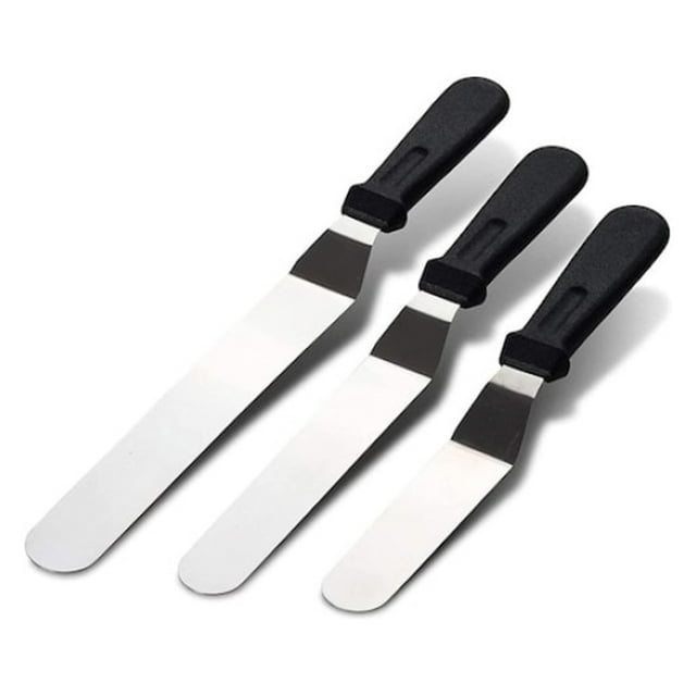 Juego de espátulas decorativas para glaseado, hojas de acero inoxidable con mangos ergonómicos de polipropileno, diseño descentrado para decoración de tartas sin costuras (3 piezas plateadas y negras)