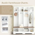 thumbnail image 3 of Euroco Farmhouse 59"W Wide Hall Tree with 8 Hooks, Practical Entryway Bench with Open Compartments, 76.7"H Modern 3-in-1 Wooden Style Coat and Shoe Rack for Mudroom, Living Room, White, 3 of 9