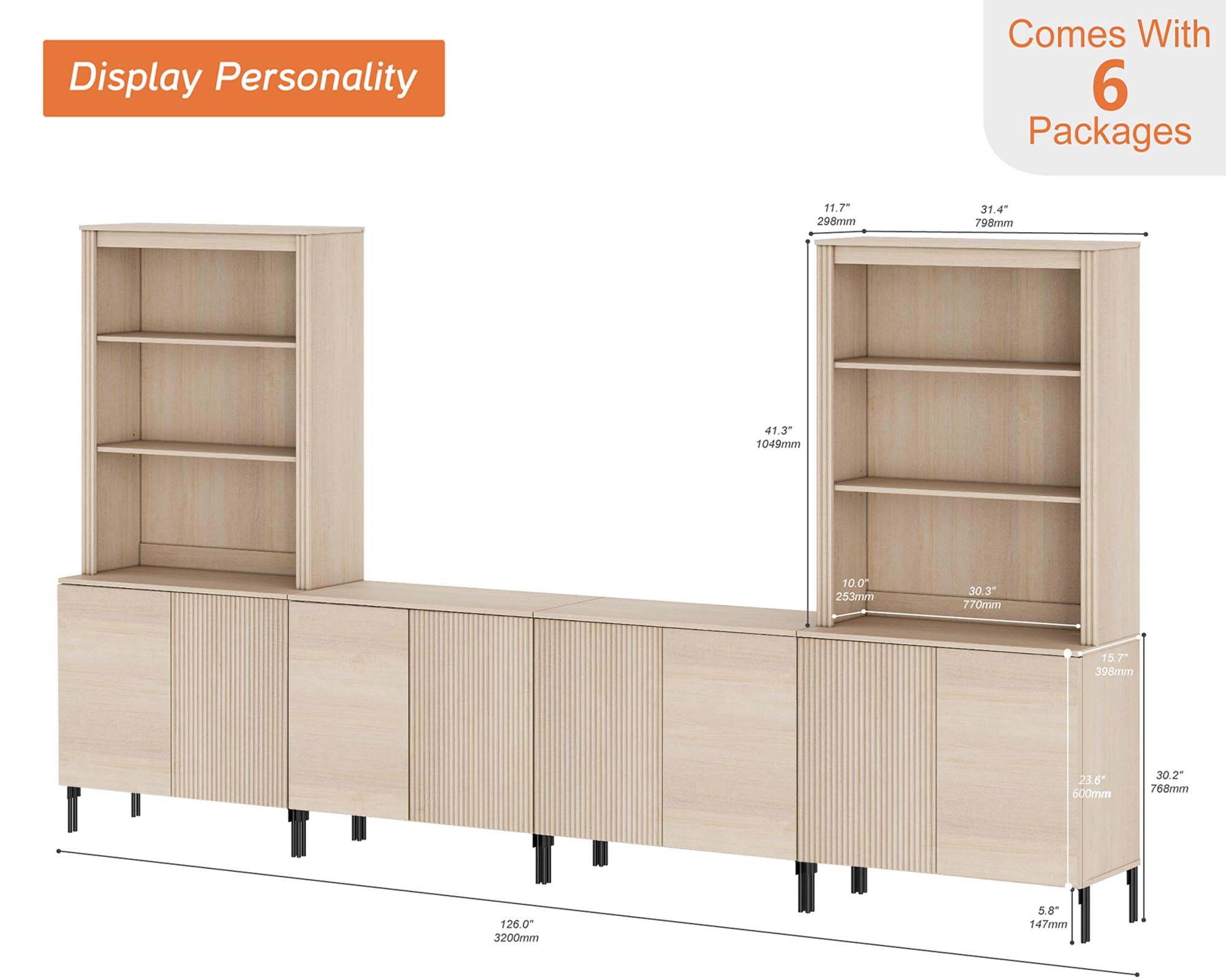 Modern Fluted TV Stand with Bookshelves for Tvs up to 75", Large Entertainment Center with Storage Cabinet, 14-Tier TV Console with Reeded Doors For Living Room, Bedroom
