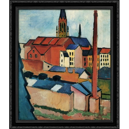 Wood Chimney - St. Mary's with Houses and Chimney (Bonn) 28x32 Large Black Ornate Wood Framed Canvas Art by August Macke