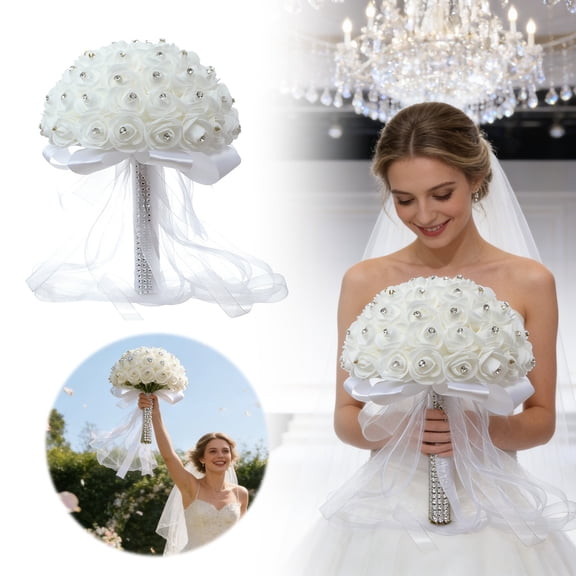 Bridal Wedding Bouquet, Artificial White Rose Rhinestone Tossing Bouquet for Brides Bridesmaids Weddings & Coming of Age Ceremonies