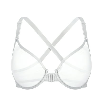 YANDW Women s Front Closure Sheer Mesh Bra Racerback See Through Unlined Plus Size Bralette Underwire  White 36DDD